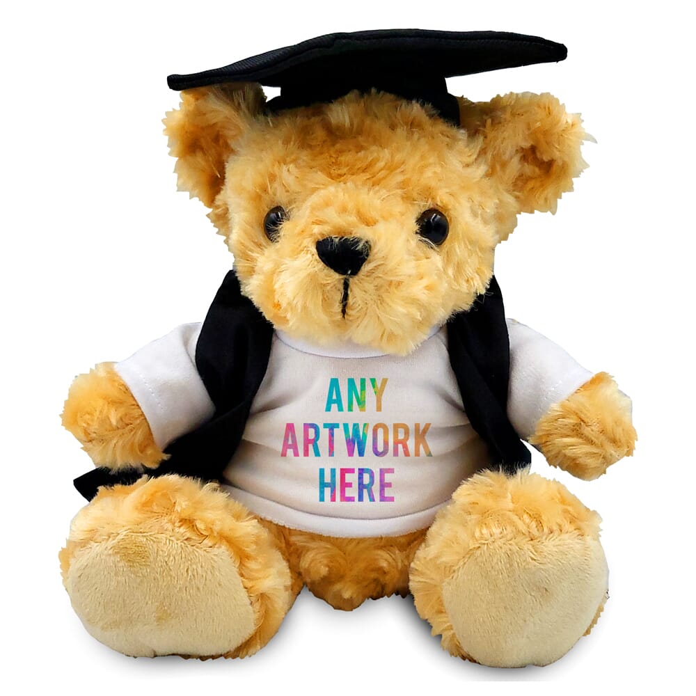 Promotional Victoria Golden Bear in Printed Graduation Outfit - Branded Soft Toys - Large Teddy Bear