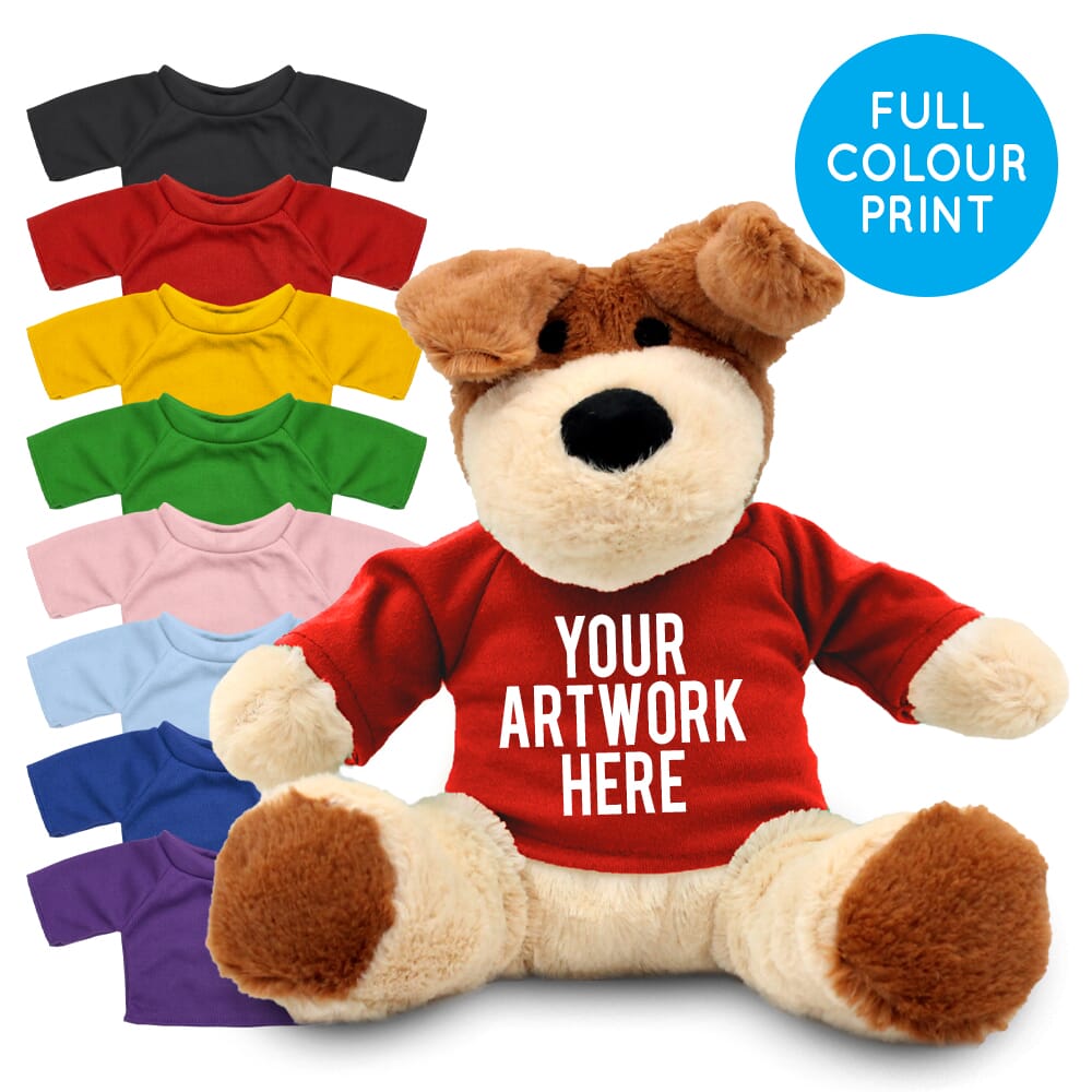 PromotionalDarcy Dog Plush Toy in Printed Coloured T-shirt - Branded Soft Toys - Large Teddy Bear