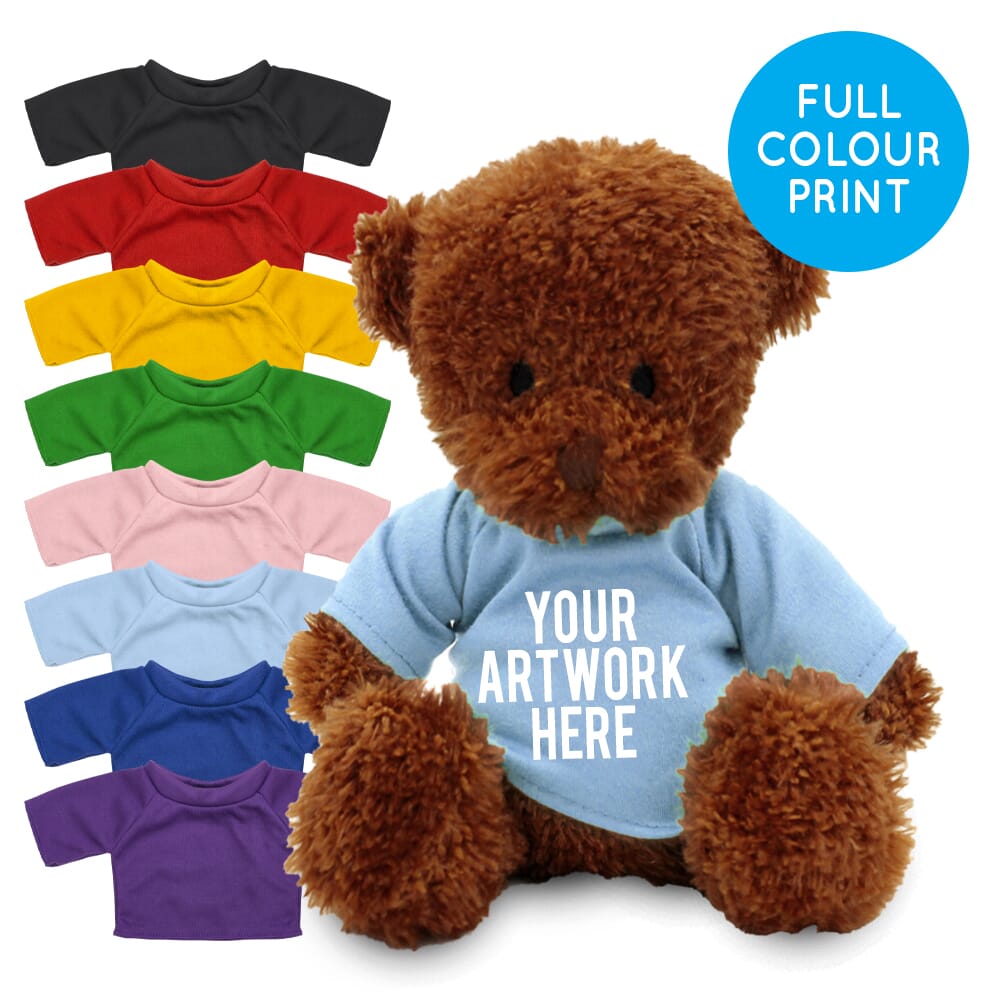 Promotional James I Dark Brown Bear in Printed Coloured T-shirt - Branded Soft Toys - Medium Teddy Bear