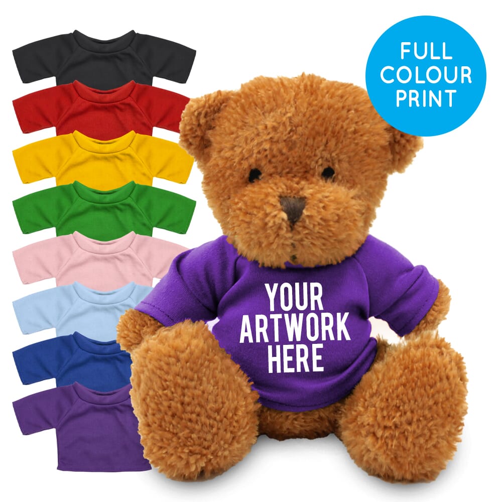 Promotional James II Golden Bear in Printed Coloured T-shirt - Branded Soft Toys - Medium Teddy Bear