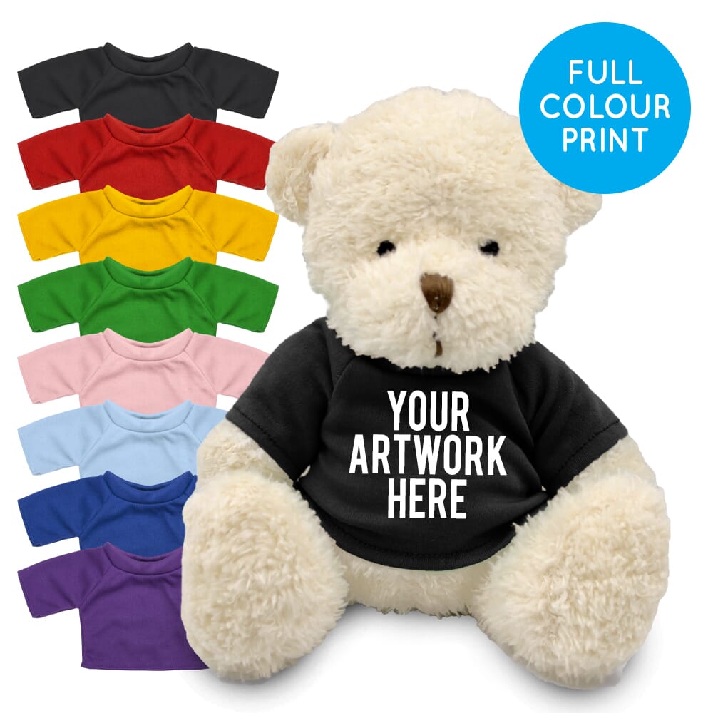 Promotional James III White Bear in Printed Coloured T-shirt - Branded Soft Toys - Medium Teddy Bear