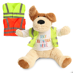 Promotional Darcy Dog Plush Toy in Custom Hi-Vis Jacket - Printed Soft Toys - Large Teddy Bear