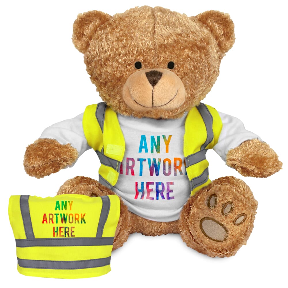 Printed Brown 22cm Edward bear with Hi-Vis Vest