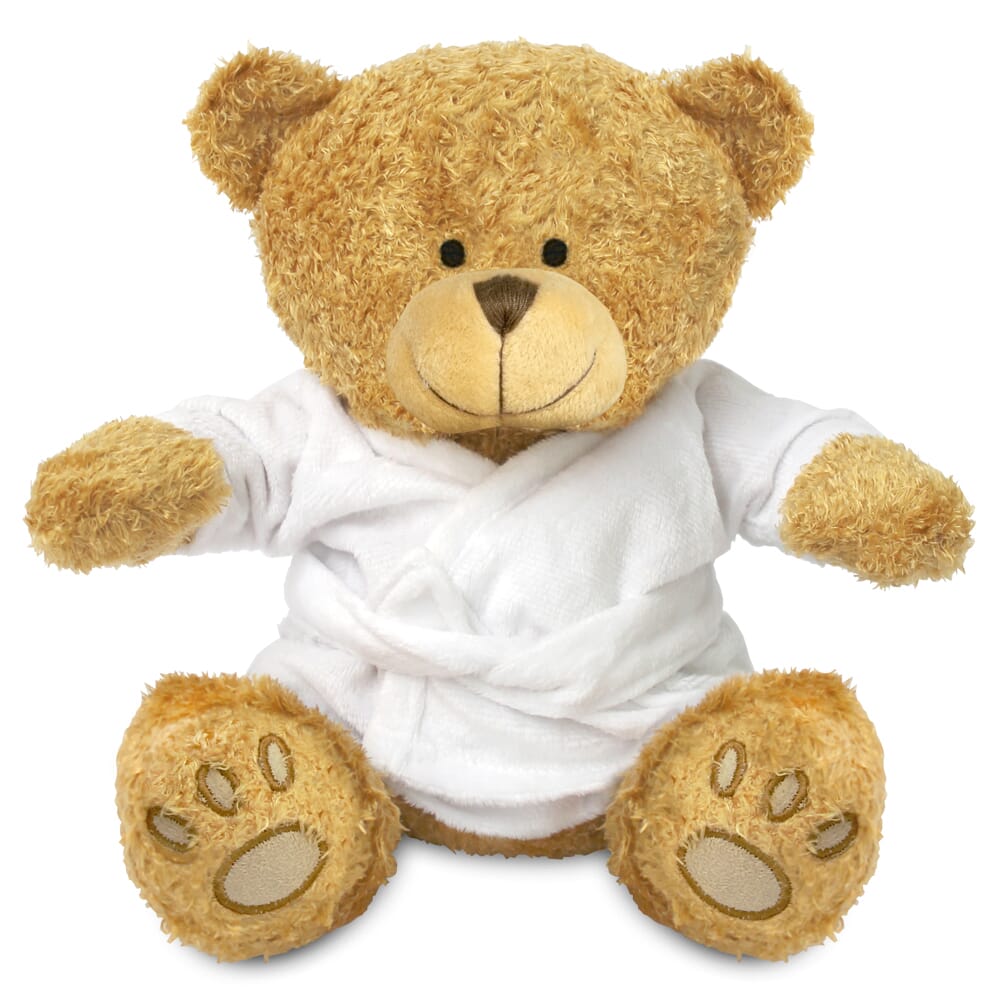 Promotional Edward II Golden Bear in Printed Dressing Gown - Branded Soft Toys - Extra Large Teddy Bear