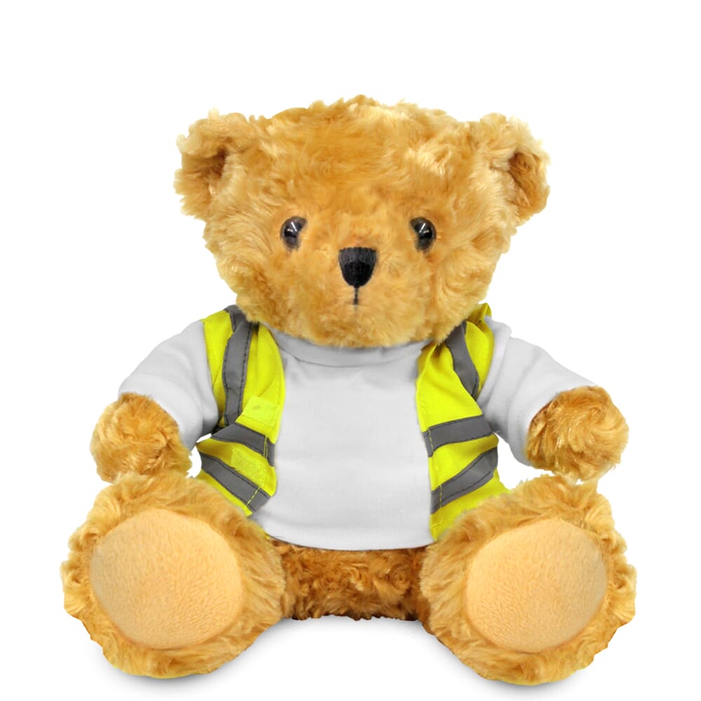 Promotional Victoria 16cm Golden Bear in Custom Hi-Vis Jacket - Blank Soft Toys - Medium Teddy Bear