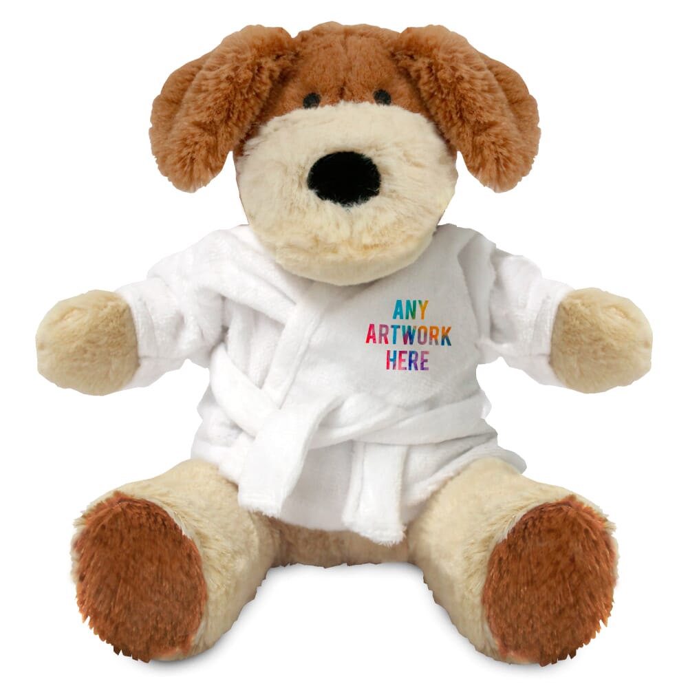 Promotional Darcy Dog Plush Toy in Printed Dressing Gown - Branded Soft Toys - Large Teddy Bear
