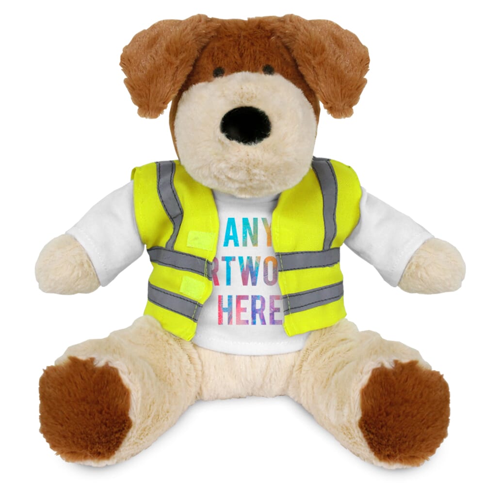 Promotional Darcy Dog Plush Toy in Custom Hi-Vis Jacket - Printed Soft Toys - Large Teddy Bear