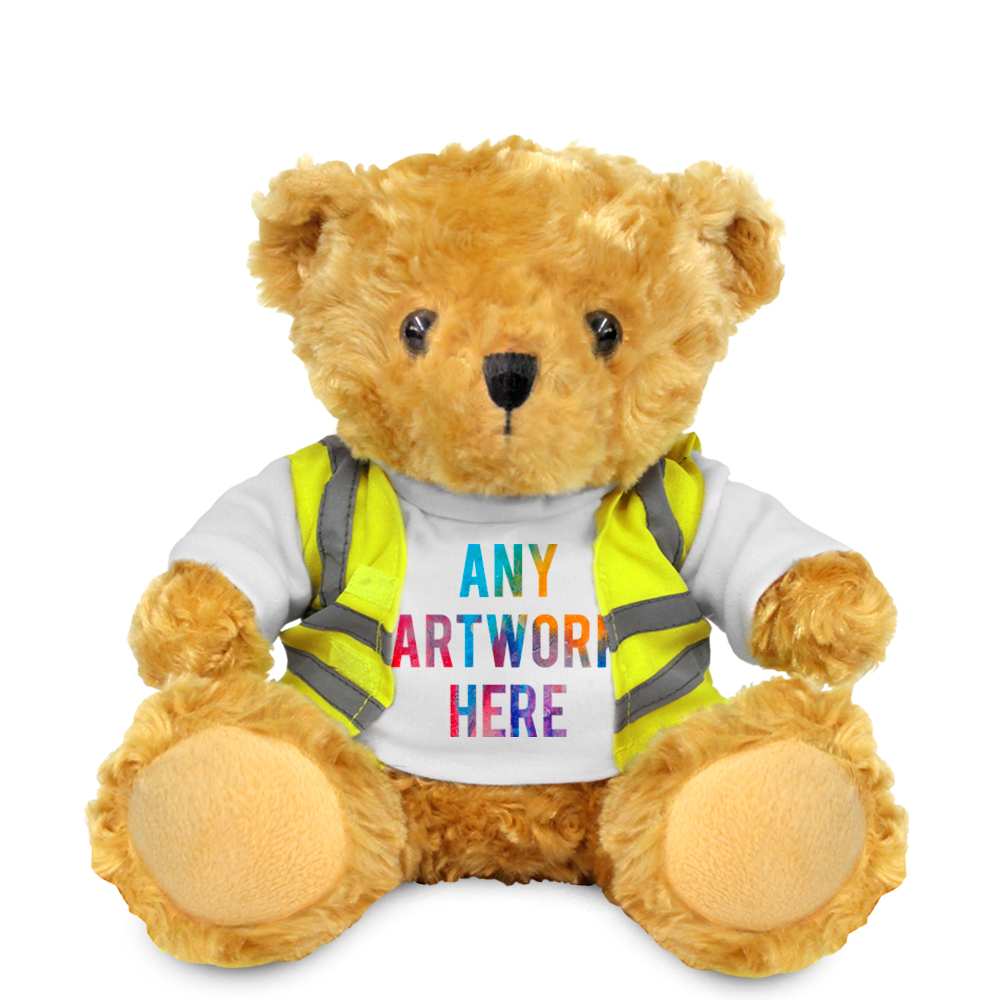 Promotional Victoria 16cm Golden Bear in Custom Hi-Vis Jacket - Printed Soft Toys - Medium Teddy Bear