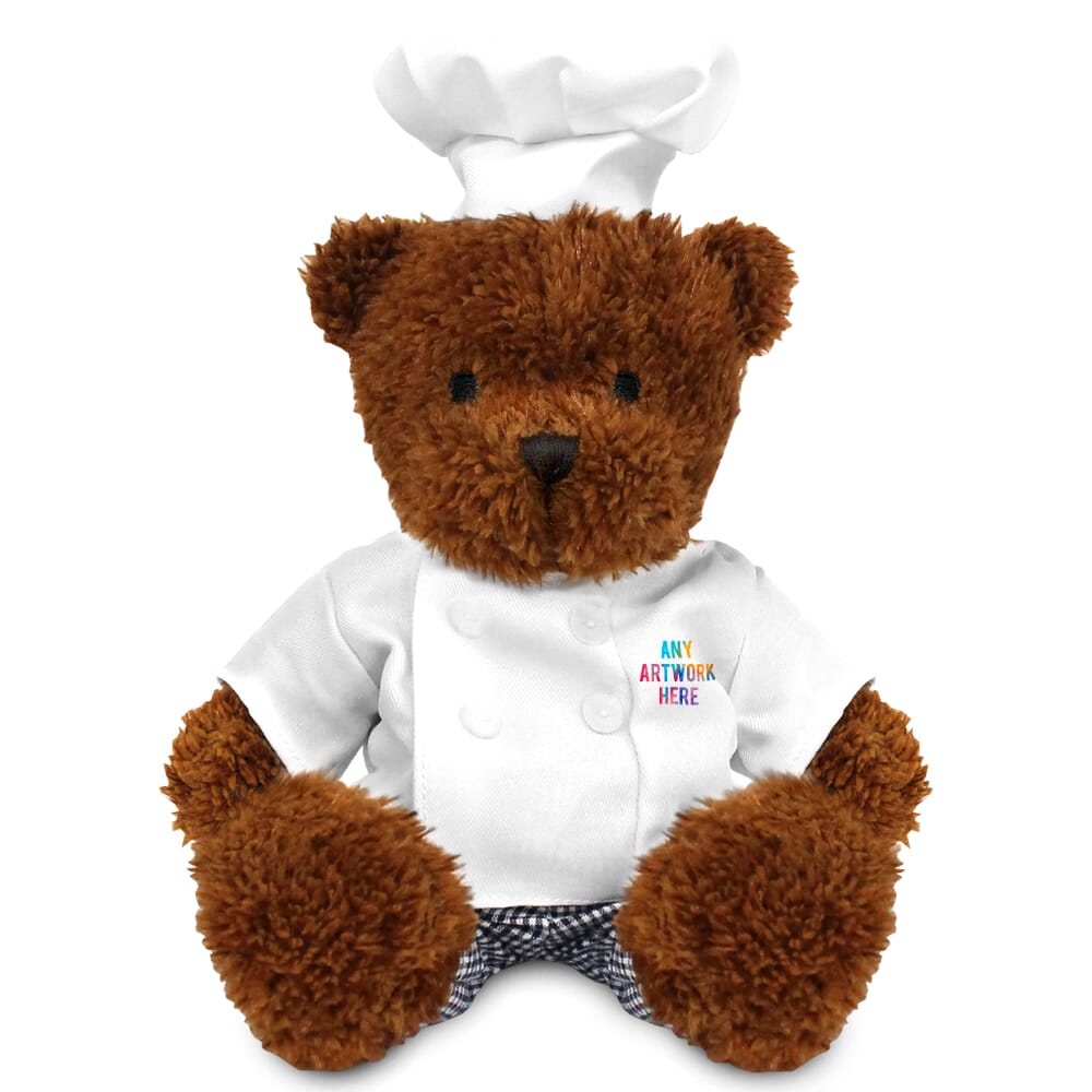 Promotional James I Brown Bear in Printed Chef Outfit - Branded Soft Toys - Medium Teddy Bear
