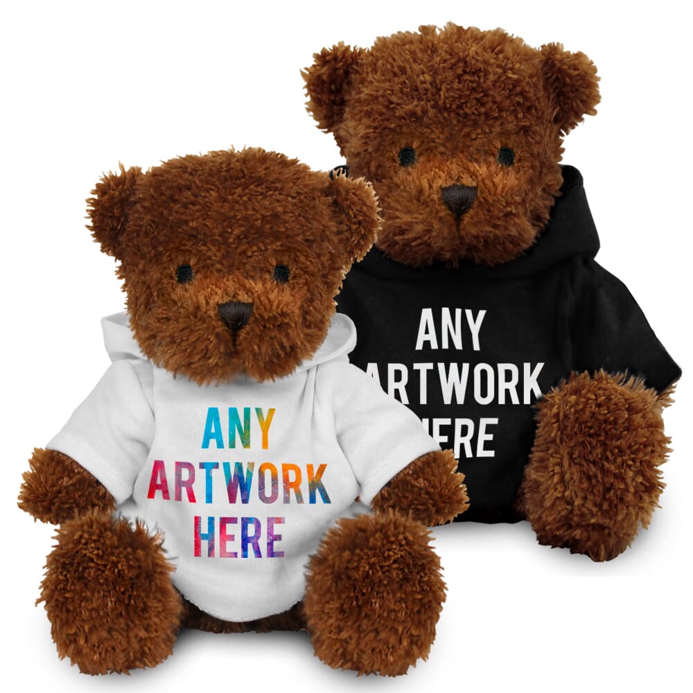 Promotional James I Dark Brown Bear in Printed Hoody - Branded Soft Toys - Medium Teddy Bear