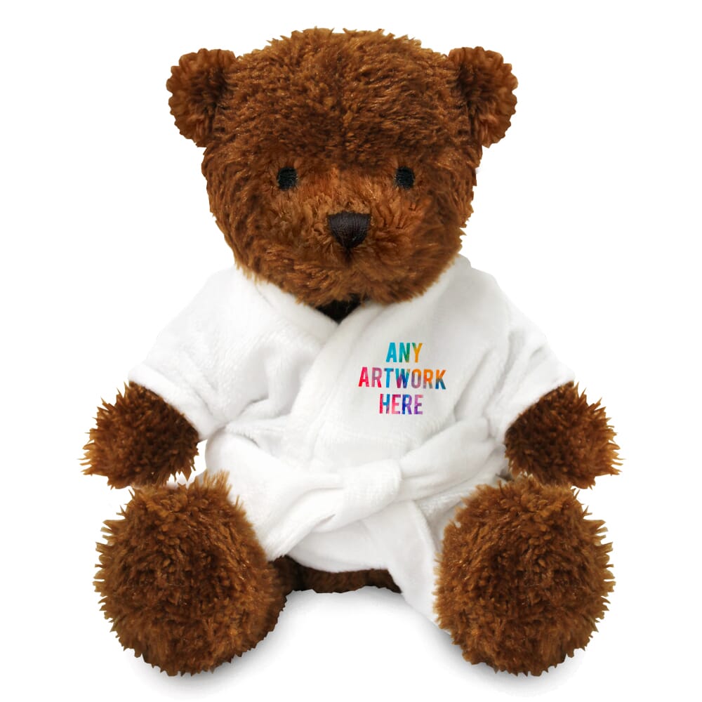 Promotional James I Dark Brown Bear in Printed Dressing Gown - Branded Soft Toys - Medium Teddy Bear