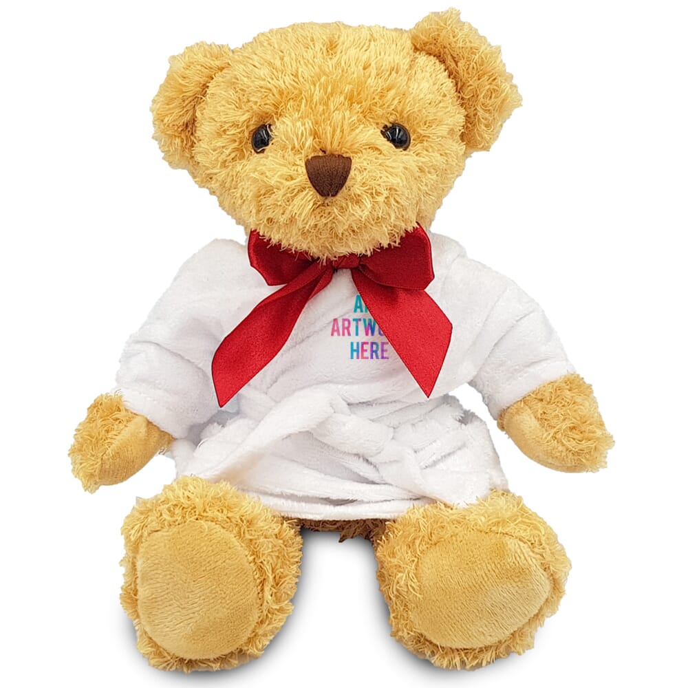 Promotional William 18cm Golden Bear in Printed Dressing Gown - Branded Soft Toys - Large Teddy Bear